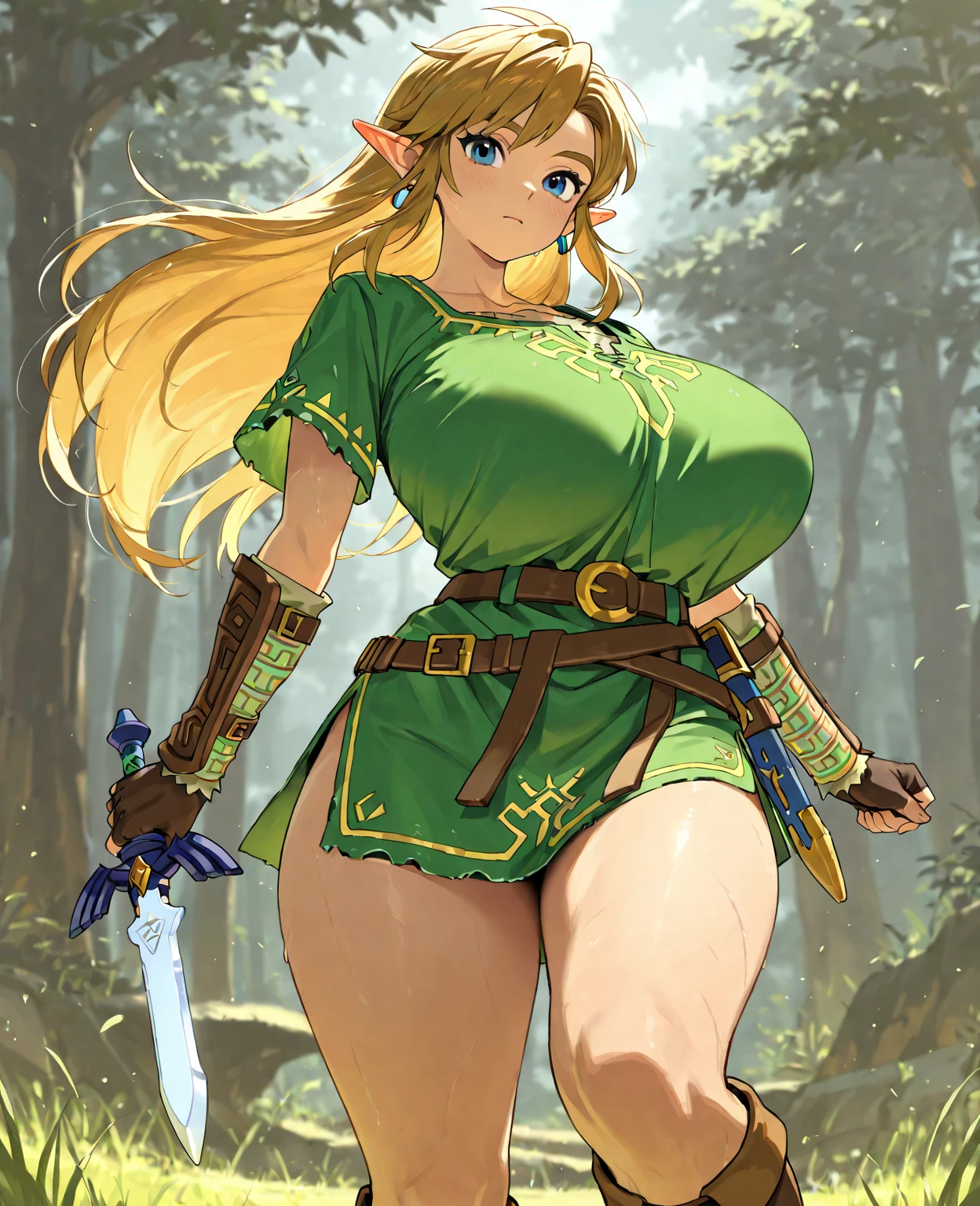 fringe, blond hair, elf warrior, with bow and arrow, tight green dress, big tits