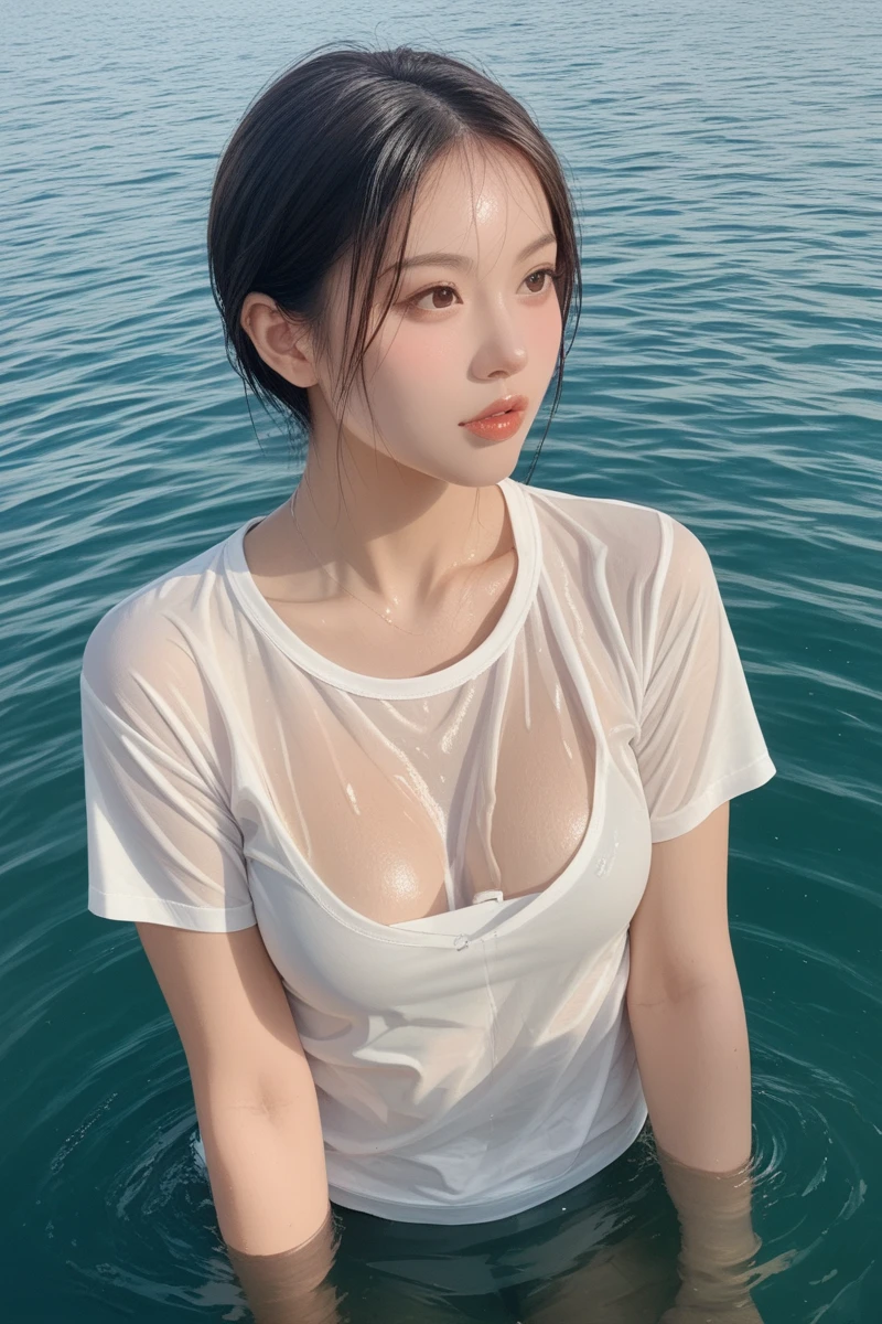 },((highest quality、In 8K、masterpiece:1.1)),(Natural light),(Shine:1.4),(illuminate the front), (Ultra detailed face),1 female、Japanese women、25-year-old adult female、前hairが可愛い女性、shaggy,Beautiful woman with bob hair、(短hairの女性)、Droopy eyes、Droopy eyes、Big eyes are cute、Beautiful double eyelids、Cute face、Delicate and beautiful skin、Human-like skin、Realistic skin feel、複雑な色hair.Gloss々hair、Looking at the camera、Large round double eyelids、Very delicate eyes、Ultra detailed face、High definition lip、Thick lips、Highlight the face、Clear white skin、Beautiful Caucasian Woman、Nipples are erect and protruding、Pussy line,Woman swimming in the blue sea、Beautiful sea at the resort、The sky is clear but it&#39;s raining、Weather showers、The rain is sparkling and beautiful、Beautiful sunset、The light of the setting sun is dazzling、See-through clothes that reveal nipples、Touching the chest、A woman with a pleasant face、A woman who looks a little worried、Sparkling after the rain、A beautiful rainbow in the sky、Woman wet in the rain、Rain shower、Raindrops are beautiful、Woman looking up at the sky、Look Up、A woman with long and beautiful legs、Woman showing her armpits、Wet clothhes、Wet T-shirt、Wet T-shirtを着る女性、Beautiful woman wearing a T-shirt over her naked body、Woman wearing a long T-shirt、Knee-length clothing、hairを掻き上げる、Woman entering the water、Red underwear、Woman holding her chest、Woman entering the sea up to the waist、Fresh woman、A woman jumping innocently、The splashes are beautiful、Woman surrounded by soap bubbles、