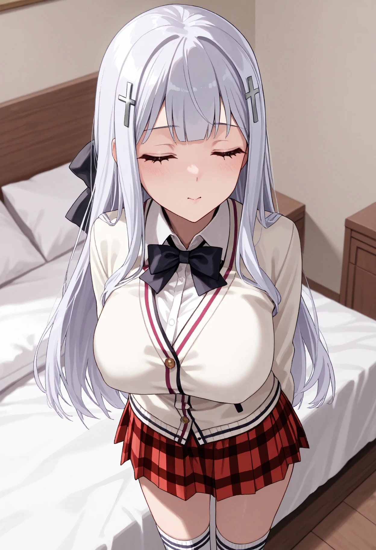 Mastepiece、masterpiece、highest quality、Super detailed、High resolution、8K Portrait、High definition CG of Unity 8k wallpaper、Cute little:1.5、Loli:1.5、Highly detailed CG Unity 8k wallpaper、Realistic、Real person、 Portrait Photography、Shiny skin、High definition、(16 years old:1.2)、(1 girl)、Beautiful clear eyes、extremely detailed description、Delicate face、Nice lips、Slim body、(thin waist)、Thin legs、(bed room:1.6)、1 Girl, Cute, Perfect Face, seriously, (blush:1.5),(Silver Hair Long Hair:1.3),(medium breasts:1.3),(school uniform:1.5),(tits topless:1.5),(Has nipples:1.3),(looking at view),(from front),(disapproval face:1.5),(Strike a Pose:1.2)