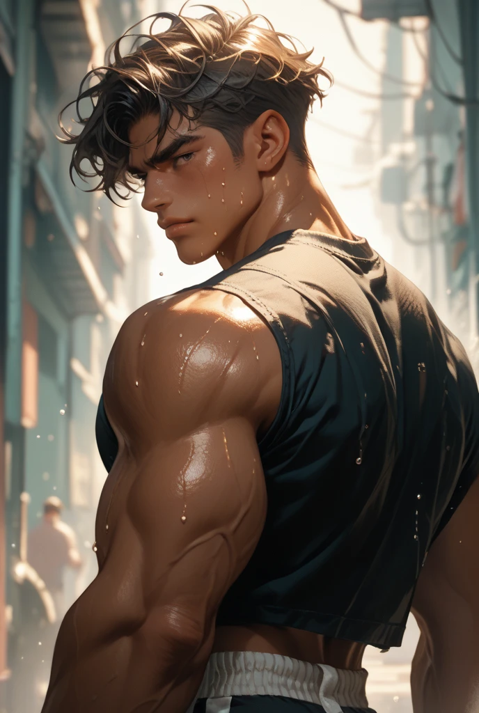 realist,(masterpiece,Alibaba quality,best quality,official art,beauty:1.2),He spoke in great detail,Fractal art,color,More detail,tangled,(Abstract Background:1.5)(1:1.3),Kamiaki,light blue hair,Short hair details,(Clear and bright eyes, Chest muscles,Abistis,(magic),Handsome nude man,((((topless,full body shot,nude, naked))))
