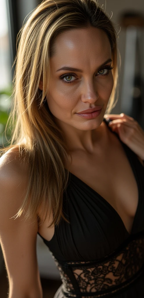 Caucasian brown-haired woman, 50 years old, goddess, bloom, Lens flare, (8k, born, Professional, highest quality, masterpiece:1.2), (Realistic,photoRealistic:1.37), Very detailed, Back view, (25mm portrait wide angle), (Most detailed skin:1.2), (The most detailed face:1.2), Cinema Lighting, 1 Female, European, Straight brown hair, (the wind is strong), Death Files on Fashion Events, ((at night)) Warm White Light, Looking at the camera, ((Fashion complex black dress)), polite smile