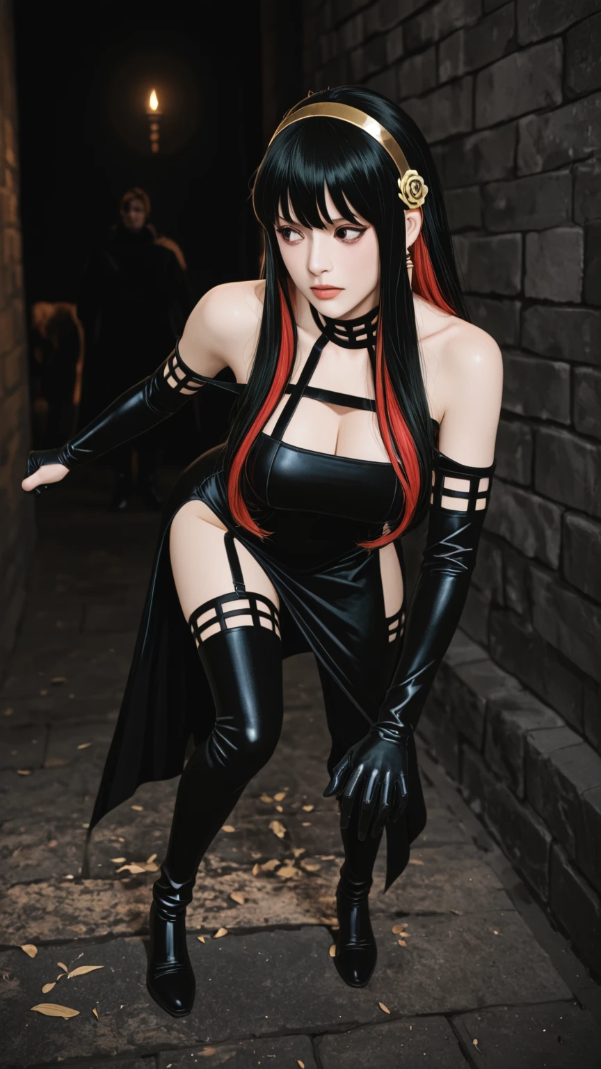 a close up of a woman in a jail cell with a red hair, erza scarlet as a real person, style of madhouse ,  character; full body art, badass pose, female character, the girl is crouching, woman fullbody art, baki style, she has red hair, 
