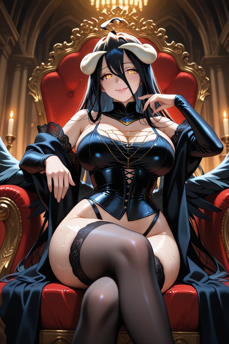 (seductive gothic lady with ample bosom and wearing revealing bikini), black color scheme, black hair, blue eyes, devil horns, seductive gaze, laying on side, naked, big butt, big ass, showing panties, one hand on breast