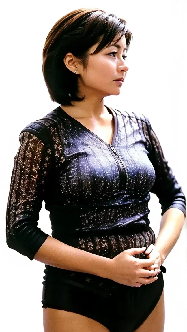 Japanese, mature, (alone), 60 years old, (Wrinkles around the eyes:1.2), Soft big breasts, Mature Woman, Super big , Glamour, Sexy, Watching the audience, Extra large breasts、Wearing beige shapewear、Lace pattern、Plump、With legs apart、(Beige panties are visible)、round face、Wide and large forehead、Long, cut cat eyes、big story、There is a laughing hollow、