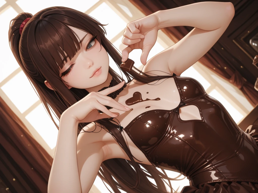 score_9, score_8_up, score_8, 1Girl, kamado_nezuko, breasts, solo, animal_ears, rabbit_ears, pussy, gag, playboy_bunny, leotard, black_hair, long_hair, pink_eyes, pink_leotard, covered, gagged, Looking_at_viep _ears, highleg_leotard, highleg, bare shoulders, strapless, cowboy shot, ribbon hair, forehead, collarbone, ribbon, black_thighs, bright_clothes, medium breasts, thigh_gap, huge thighs, gradient_hair, big_breasts, orange_hair