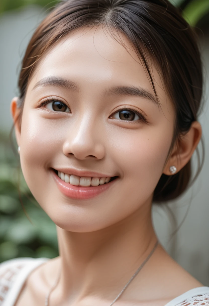 (1girl), ponytail, Extremely cute face, Amazing face and eyes, (Highly detailed eyes, Highly detailed face), fresh, Very clean appearance, (Hyper-realistic, hight resolution), (Best Quality:1.4), (hyper quality), Authentic skin texture, Raw photo, (Realistic, Photorealsitic:1.37), highly detailed, girl portrait, Japanese beautiful girl, the most beautiful girl in the world, short hair, LOL,smile