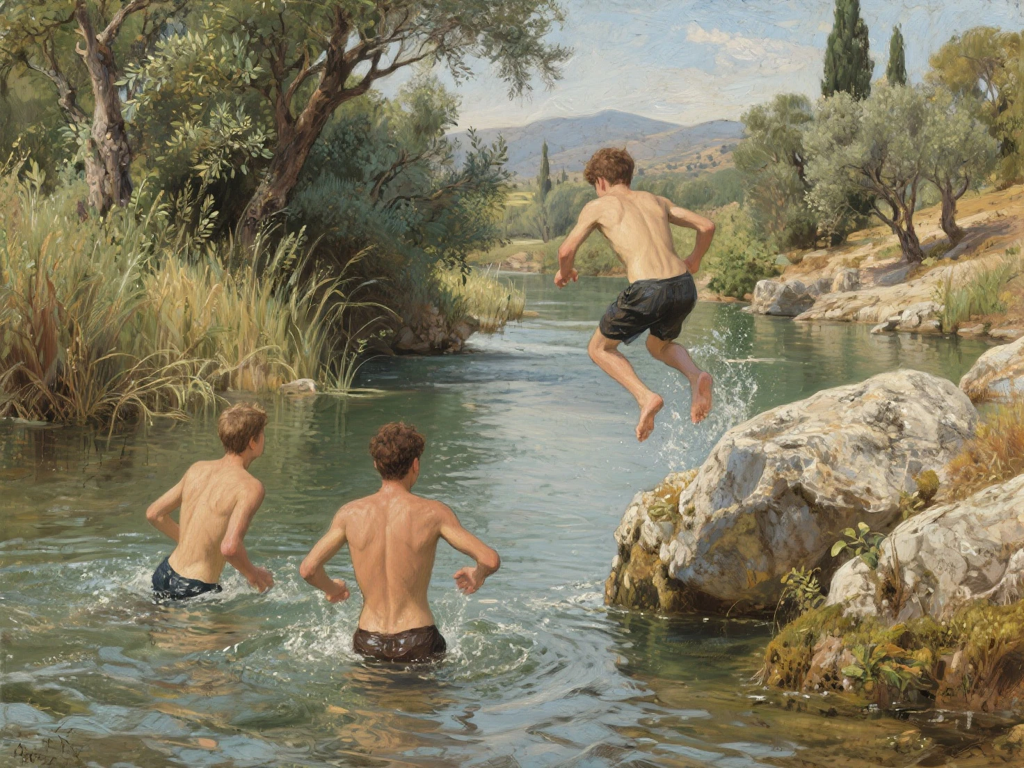 Young guys 18-20 years old, swimming in a pond, taking off their clothes, masterpiece, beautiful faces and bodies, perfect build, high quality, detail , Short hair,