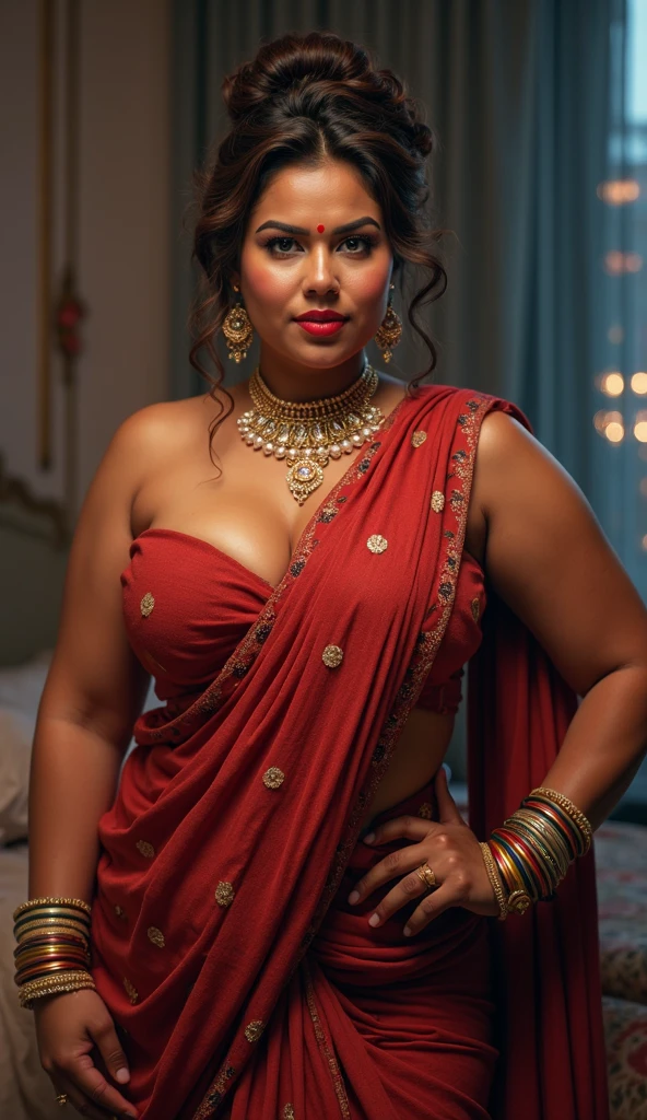 As an expert your job is to create the most beautiful woman in the world as a beautiful actress sexy curvy plus size model woman in a different banarasi Crimson Crown Sherwani in picture, manga mala necklace ornament in necklace for wedding, Head Jewelry for wedding, busty, small curvy, mid body shot, she has a jiggly fat round belly, thick body, in Paris in different time background, m-cup breast.
