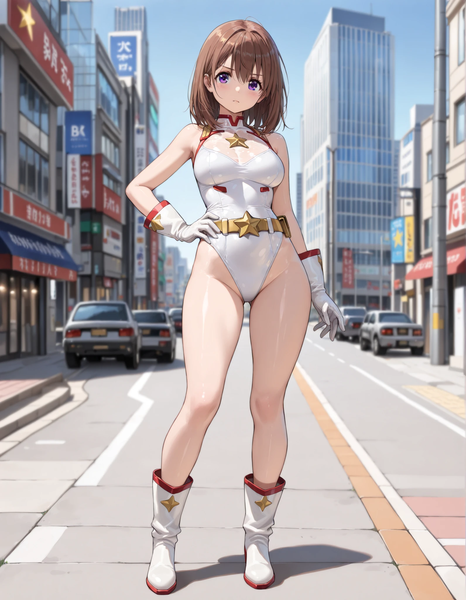 (((pixel-perfect, detail-perfect))), solo focus, 1girl, you watanabe, looking at viewer, smile, superhero, leotard, highleg leotard, bare legs, boots, standing, solo focus, tight belt, hands on hip, full body shot, city backdrop, sleeveless, ultra highres, absurdres, ((only five fingers)), perfect body, good proportions,
