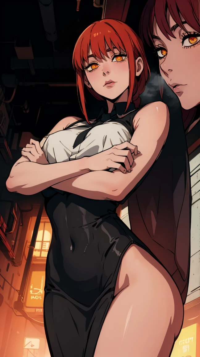 The character Makima from the anime series Chainsaw Man, fragile, full length (Full body 1.1.), dark background, darkness, Correct anatomy 1.1, holds his hands behind his back, correct hand anatomyVery sexy, erotica, very feminine, beautiful figure, legs, buttocks, Beautiful body, red hair, orange eyes, Red circles for schoolchildren, summer dress, sexy pose, realistic, very detailed, Beautiful body, detailed body, detailed hands, detailed, Vibrating, detailed Face, Makima character design. very detailed, detailed body, detailed hands, detailed Face, anime art, Hugh Details, Very downcast face, detailed eyes, Super thin illustration, best shadow, Fine detail, beautiful detailed glow, beautiful detailed, Extraordinarily beautiful, extremely detailed, inexpressive, epic composition, Anime style. anime art anime art, Anime style,