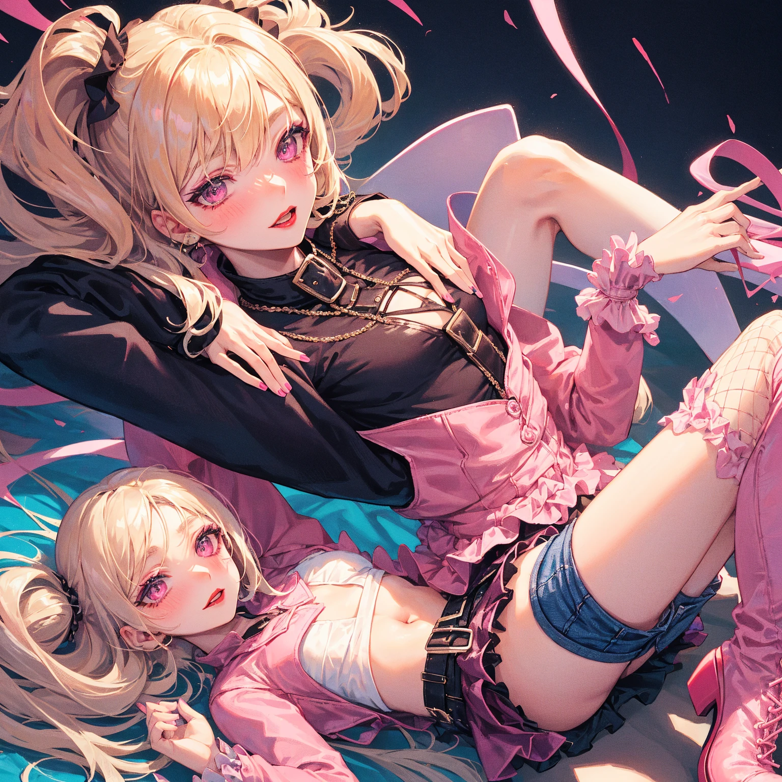 Anime girl butterfly Shinobu，tightsuit，Clothes outline the perfect figure，You can faintly see the skin under the clothes，hyper HD，high high quality，Sit on the bed and bend your legs，Slender legs，over knee socks，No shoes，Chu Chu pitiful