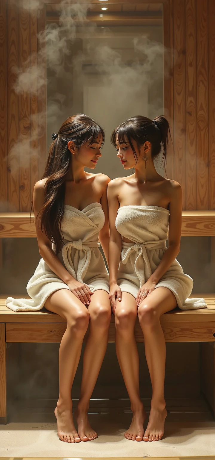 in 8K、top-quality、masterpiece、ultra-detailliert、Ultra-high resolution, (closeup), ((two women)), ((ebony:1.4)), 2 girls、brown haired、poneyTail、((((Sauna room))))、((perspiring))、Red face、Wrap a bath towel around your body、((steams))、Flirting、hug from behind, (topless:1.2), (small breasts:1.4), (spread legs:1.6), (no panties:1.3)