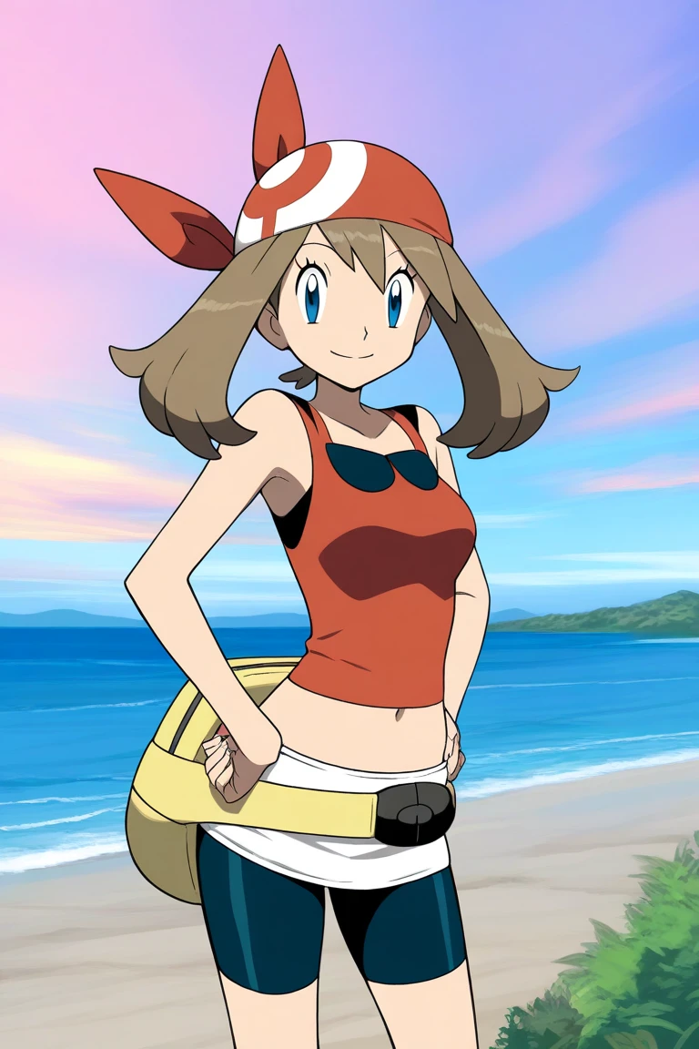 masterpiece, best quality, highres, outdoors, 1girl, solo, may (pokemon), bandana, red shirt, bare shoulders, pregnant, embarazada, vientre de embarazo, barriga de embarazada. Bikini, microbikini, micro bikini, bikini rojo, embarazada, barriga de embarazada, sonrisa, sonrisa timida, mirada tranquila.