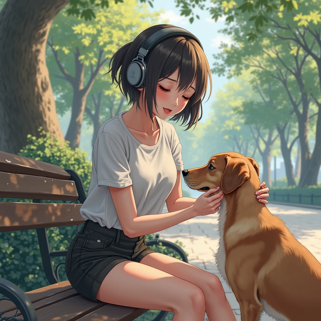 anime girl with headphones and a dog in a field with a butterflies, artwork in the style of guweiz, anime style 4 k, guweiz, anime art wallpaper 4 k, anime art wallpaper 4k, digital anime art, artgerm and atey ghailan, anime art wallpaper 8 k, clean detailed anime art, ross tran style, digital anime illustration