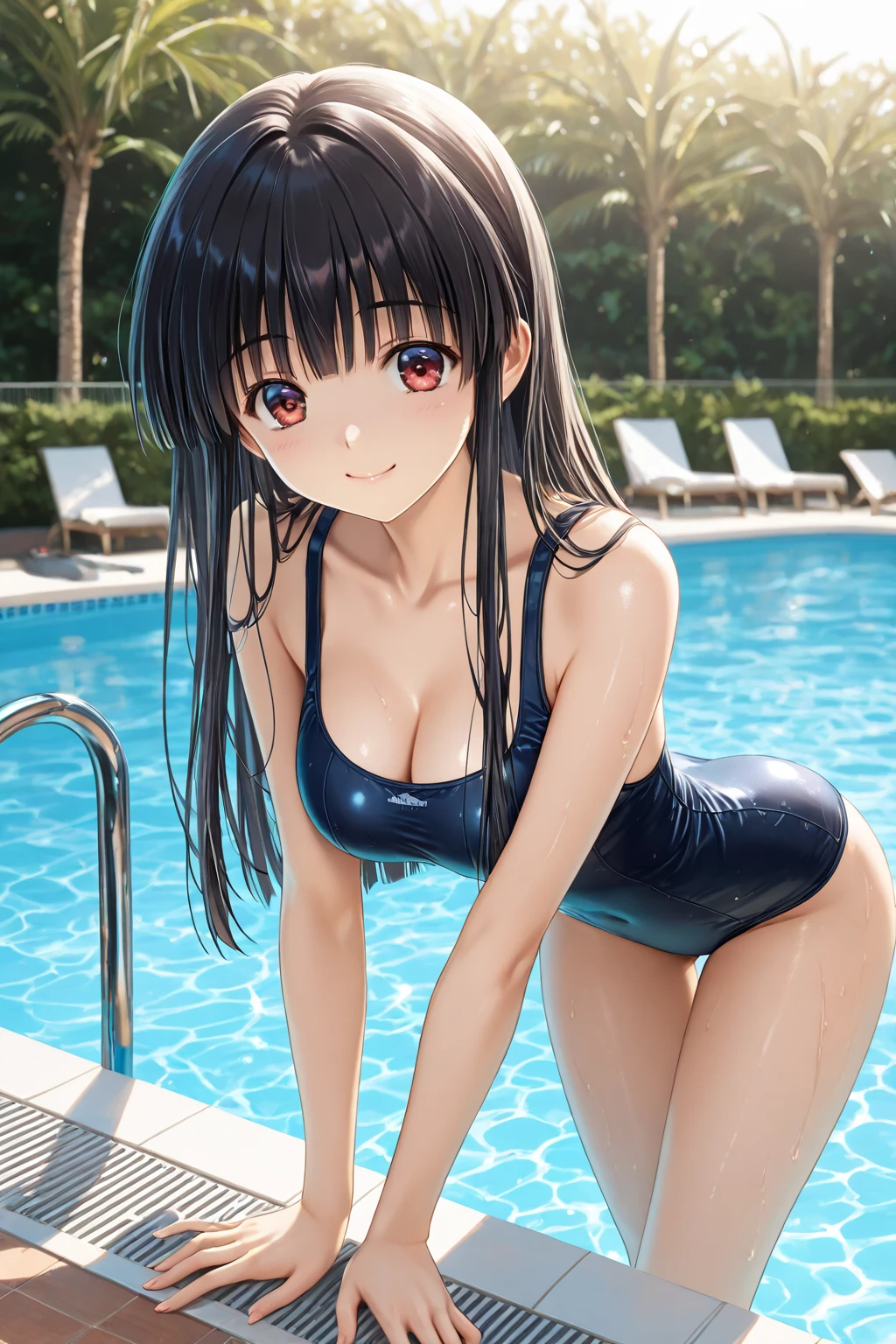 最high quality、Best image quality、masterpiece、With a girl((cute、16 years old、Best Bust、Medium Bust、Beautiful Blue Eyes、Spread your chest wide,Black Hair、Slender、The best valley、Blue school swimsuit,Show the whole body、Blue Mesh,swim,smile))high quality、Beautiful art、background((summertime、Pool facilities、A large number of people々)),Tabletop、Exquisite design、Visual Arts、Depth of written boundary、Best lighting、Highest detail、8k