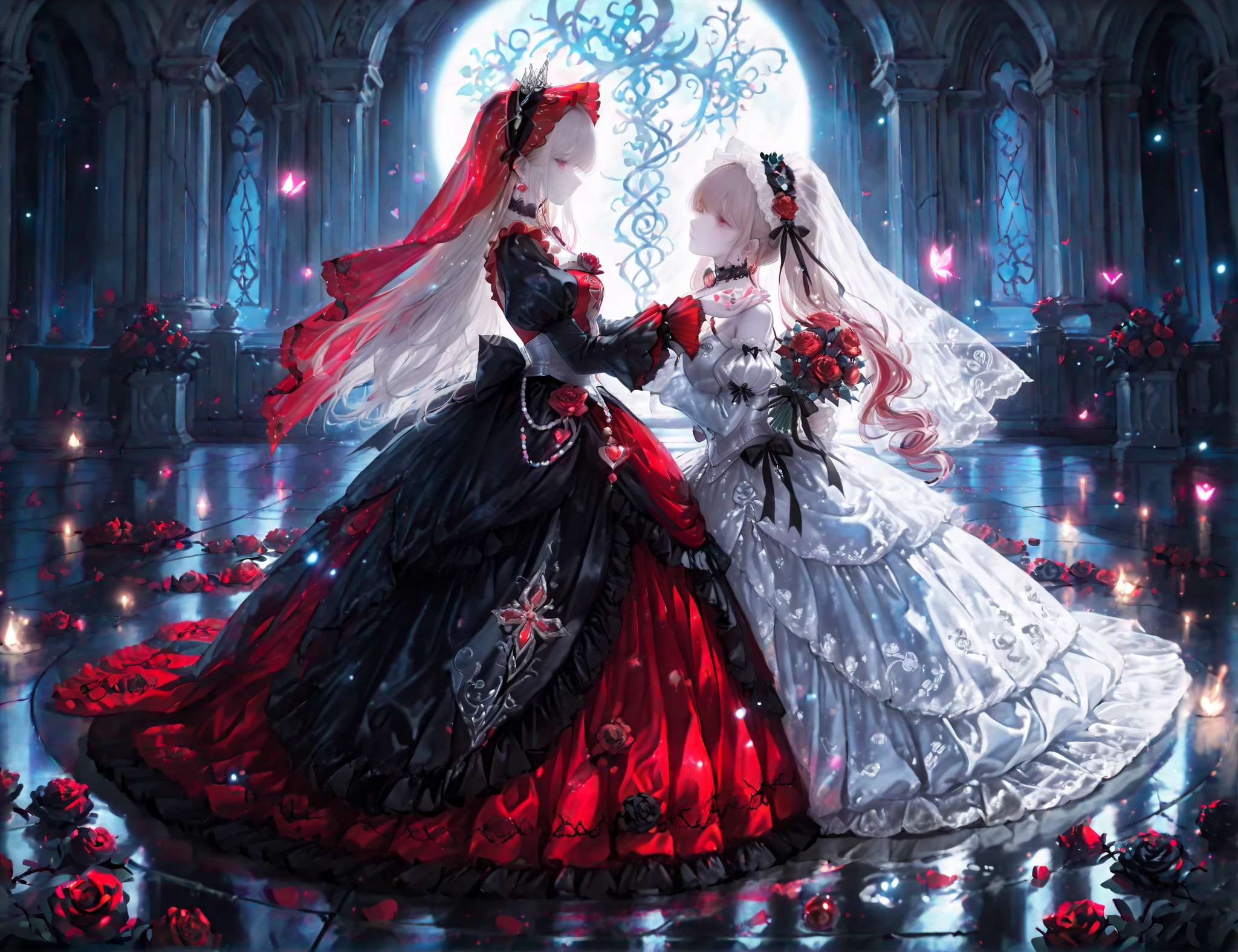 Masterpiece, Best Quality, Super Realistic, Beautiful Sexy 1 Vampire Girl, Solo, White Skin, Transparent Sexy Clothes, Beautiful Red Glowing Eyes, Long Hair, Haughty Sexy Look, Clothes Stained with Blood, Hair Decorated with Red Flowers, Unusual Camera Angle, Background Beautiful Gothic Room in the Castle, Moonlight Illuminates the Figure and Hair
