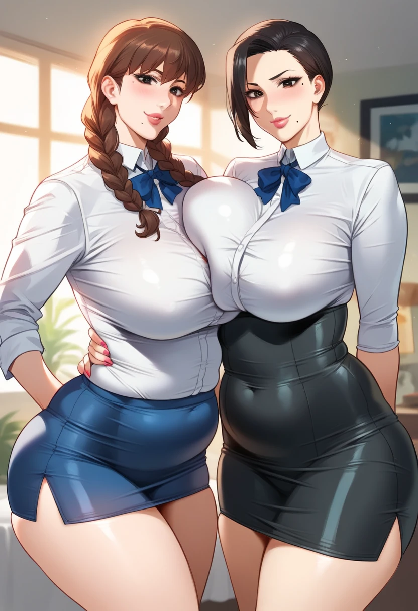 ol professional woman，shirt，Professional hip wrapped skirt，Japanese women，25 years old，Short Brown Bob,Large Breasts,Hold the file,Exciting appearance