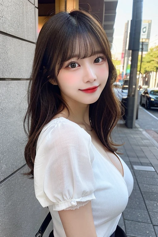 ((Highest quality, 8k, masterpiece:1.3)), Sharp focus: 1.2, Beautiful girl,Perfect Body Beauty: 1.4, Hips: 1.2, ((Highly detailed face and skin texture)), Beautiful Eyes, double eyelid, looking at viewer,(shut up: 1.3), Professional Lighting,(Random Hairstyles)、Bob Hair、Messy Hair,shirt、Cleavage、Thin eyebrows、Natural pose、(from above:1.3),outside、down town、