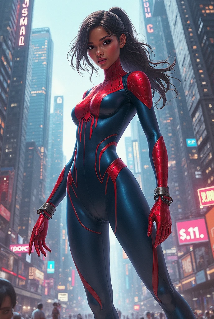 Beautiful woman detailed defined body using spider man cosplay, small breasts