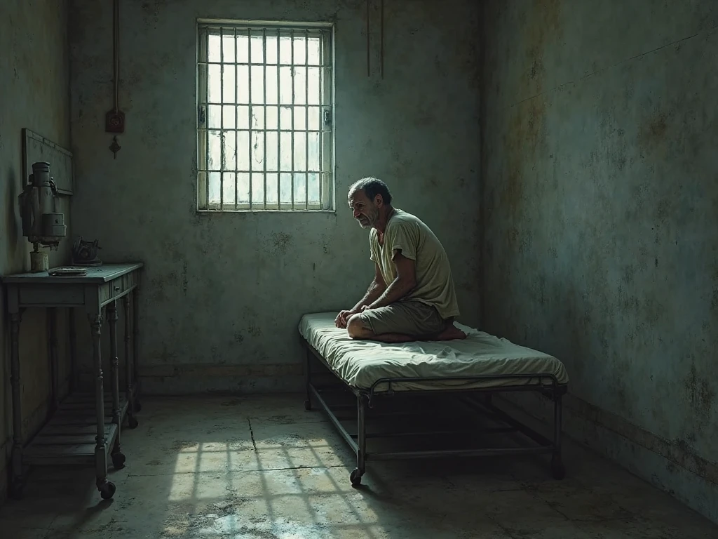 A man is very scared in a secret prison that is very small. There is nothing around. There is only a bed and the writing on the wall is waiting for death.The man is very scared The image will be the size of a YouTube thumbnail. The man can be seen very scared with only a small amount of sunlight coming through his window.The man should be bright looking and aged 40 to 45 years with a table clock next to his bed