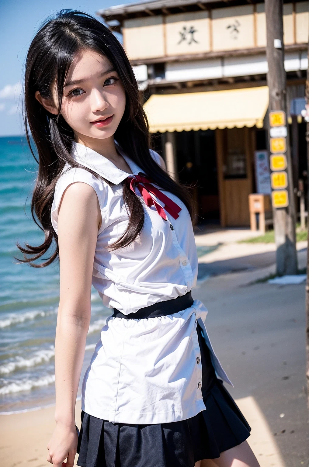 (masterpiece, highest quality:1.2), Cowboy Shot, alone, One Girl, Hayashio, smile, View your audience, Place your arms behind your back, Water Play, White shirt, Neck ribbon, Short sleeve, Black vest, Black Skirt, White gloves