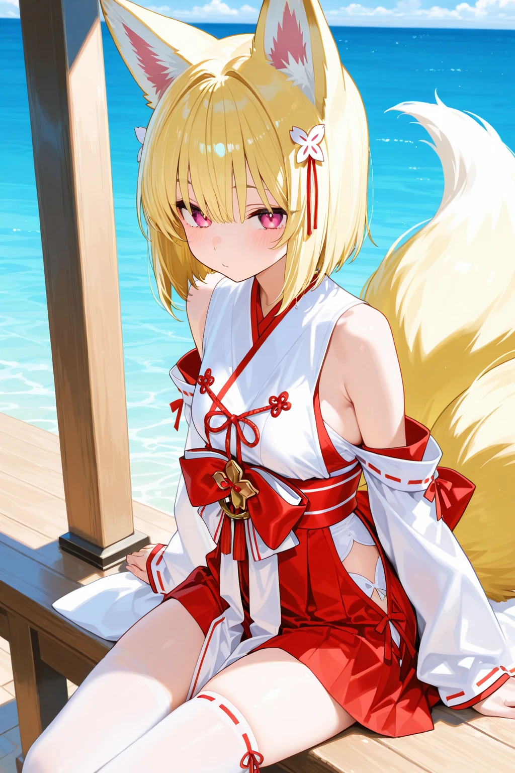 score_9, score_8_up, score_7_up, uncensored, source_anime, 1girl, <lora:spgbfVajraXLPony-10:1> vajradef, dog tail, black pantyhose, hair ornament, japanese clothes, bare shoulders, detached sleeves, wide sleeves, white pelvic curtain, ball, beach, beachball, blue flower, cup, disposable cup, flower, outdoors, sand
