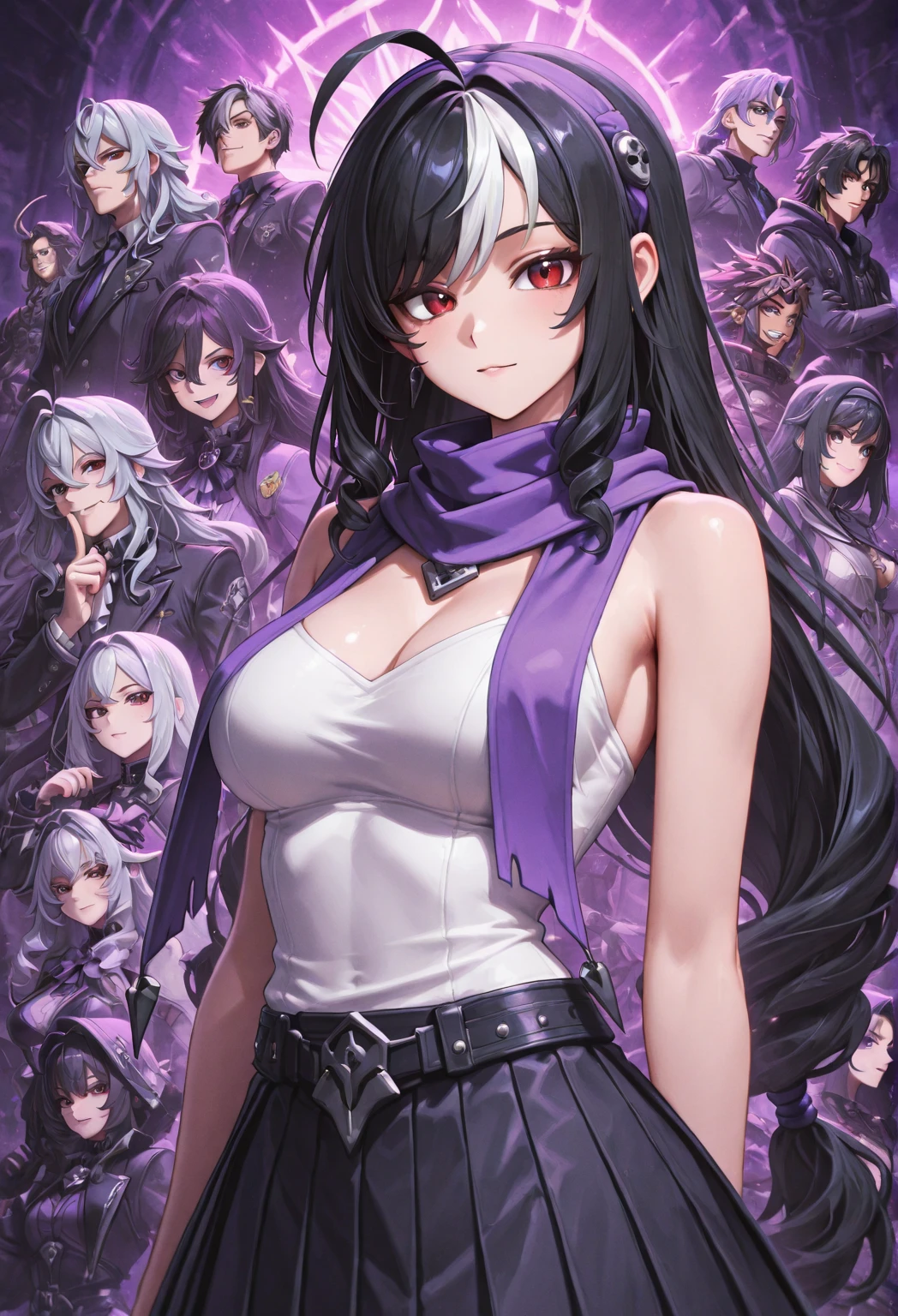 High detailed, 3 girls, matching hairstyles, matching uniforms, matching sizes,  violet eyes, purple tones colored hair, wavy long hair, busty, chunky body, yellow genetics's uniform, Juliet sleeves,  deep cleavage, white skirt, genetics's uniform, juliet sleeves, genetics's uniform, posing together