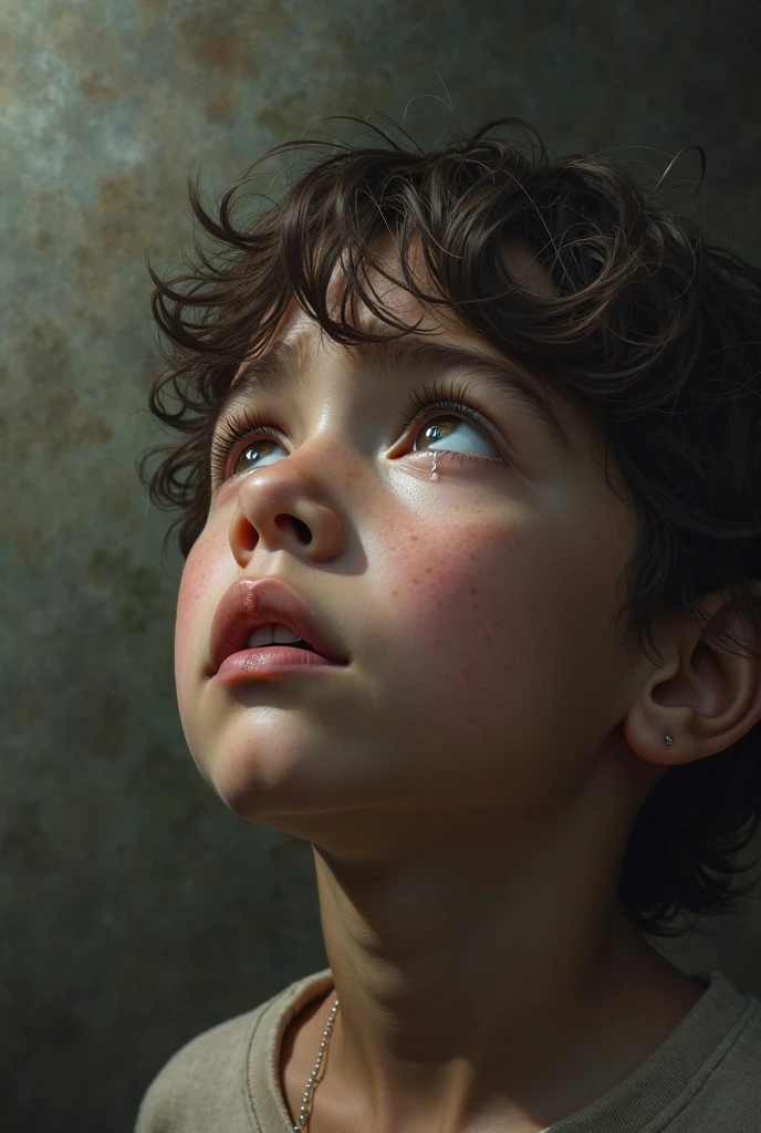 Realistic close-up portrait of a doll boy's face looking up into the clouds, Annie Leibovitz and Steve McCurry, natural light, detailed face, CANON Eos C300, 35mm, 8K, medium format print