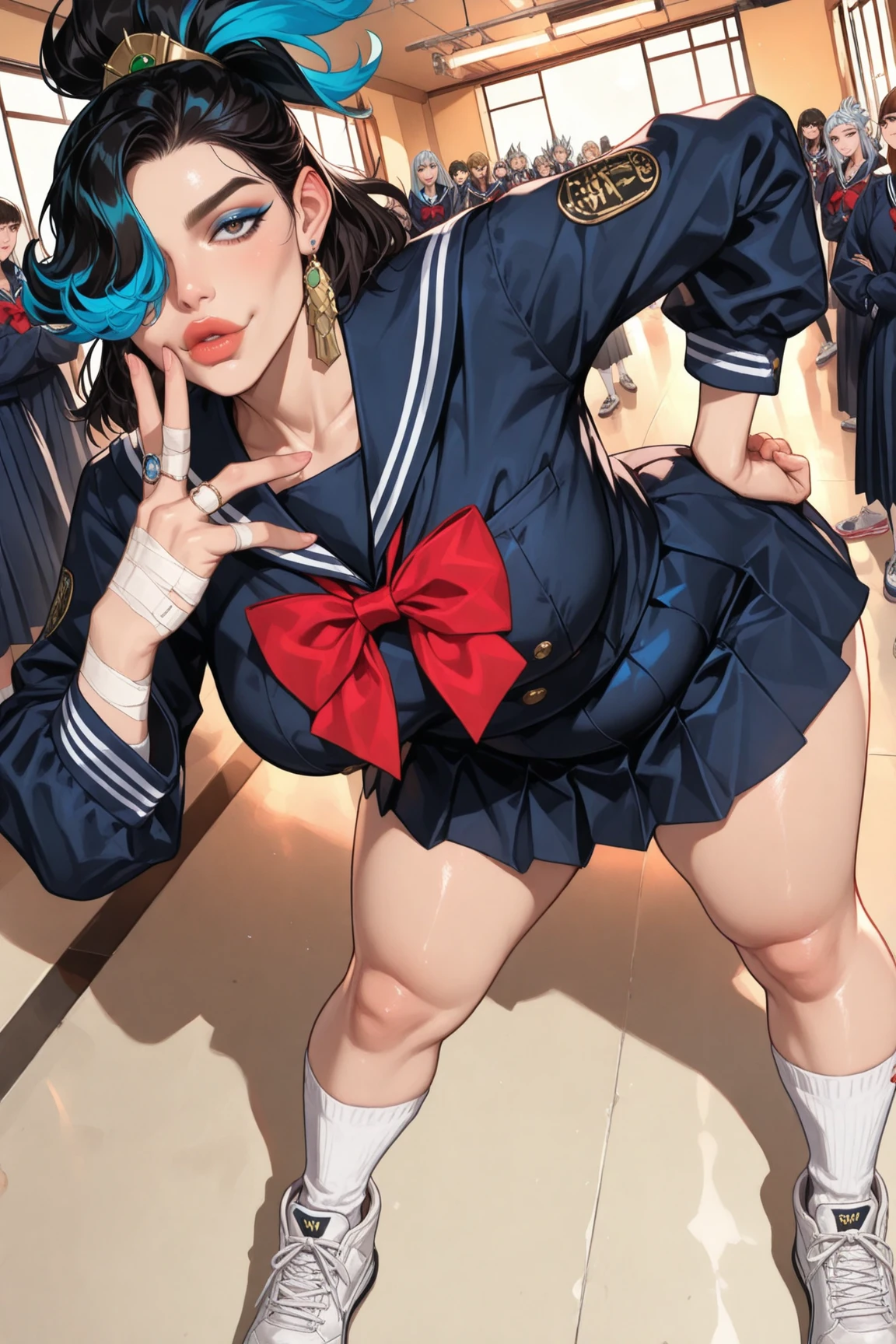 (masterpiece:1.4), highest quality, High resolution, lu1, cyborg, Multicolored Hair, compensate, Exposing shoulders, Black leotard, High leg leotard, (String:1.1), White jacket, Open jacket, belt, Shorts, Cowboy Shot, cyber punk, squat, wall, Abdominal muscles, A woman sitting facing the front , cyber punk, cybercore, Underarm, Bobcut, juicy thighs, Muscular woman, dirty, shiny and bright skin, Smooth surface, Tight body suit, Beautiful Face, Cute face、Plump、Big Breasts, Big Hips, Full Body Shot, Mature mother, Voluptuous thighs, ox, Seductive mature woman, Perfect body, Plus Size Model, Sailor suit, Wearing high heels,Miniskirt Uniform, Chunli、Cleavage、Clothes with a wide open chest