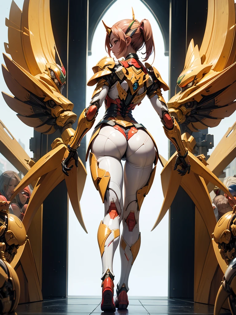 ((back view:1.5)), perfect ass, Eyes covered, woman, rosemon , ((dust particles)), adorned in ((red suit)), ((twerking)), metal muscles, emanating a medieval elegance and marvel, green cape, armor pump boots, (black thigh highs), blonde hair, (red bra), small armband), gauntlets, ((armored bikini:1.4)), sword, shield, exposed midriff, (puffy lips:1.3), detailed eyes, ((slendered abs:1.2)),(((gigantic breasts:1.5))), wide hips, (puffy lips:1.5), slender abs,rim lighting, side light, (((cinematic light))), ultra high definition, 8k, film grain,best shadow, light particles, detailed skin texture, detailed gem armor texture, detailed face, intricate details, super detailed, bright, spiked heel boots