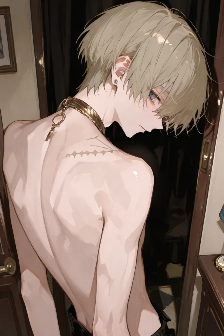 young boy, blonde hair, Bob hairstyle, blue eyes, nudity, Gold Chains, Cat's ears, Masterpiece, hiquality