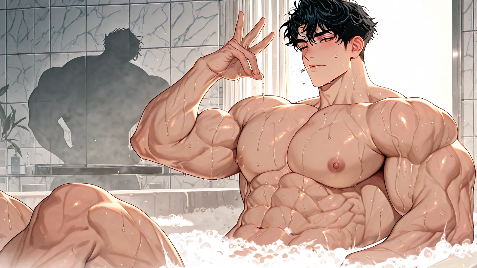 absurdres, highres, ultra detailed, HDR, master piece, best quality, extremely detailed, Wriothesley, black hair, expressive blue eyes, Genshin Impact, solo, sexy man, handsome, horny, sensual, without clothes, naked, taking a shower, bathroom, water, dick, erection