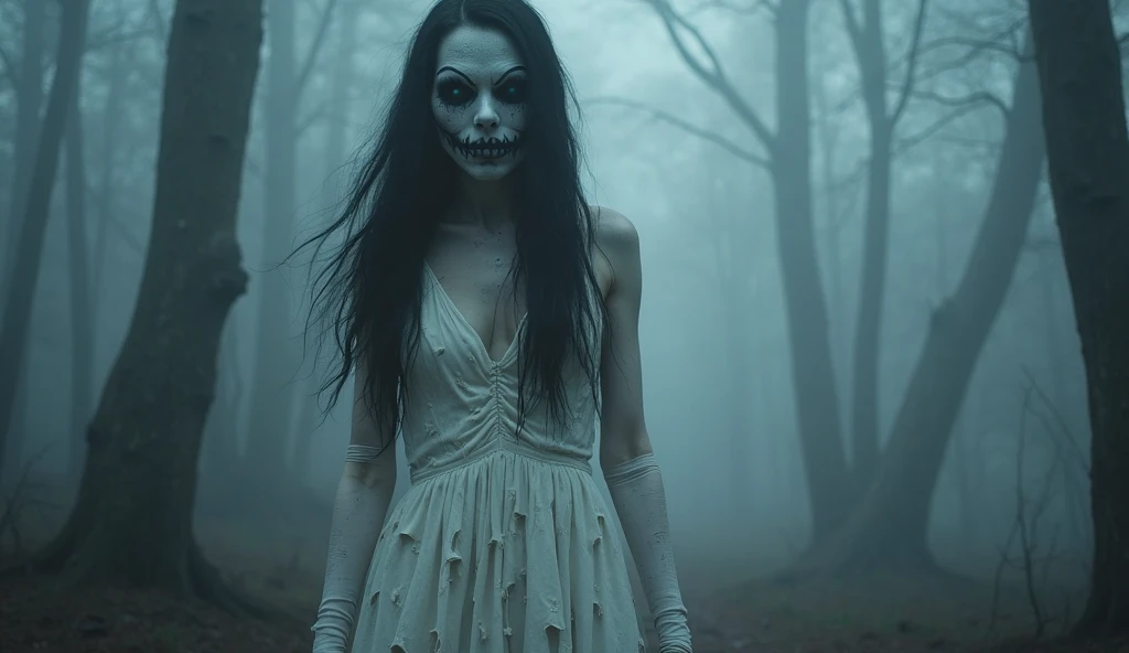 woman in a white dress, black hair, with a macabre face, smile, empty gaze, with holes for eyes. This woman is a haunting and gives a feeling of fear and chills, she is in the middle of the fog, in a dense forest.