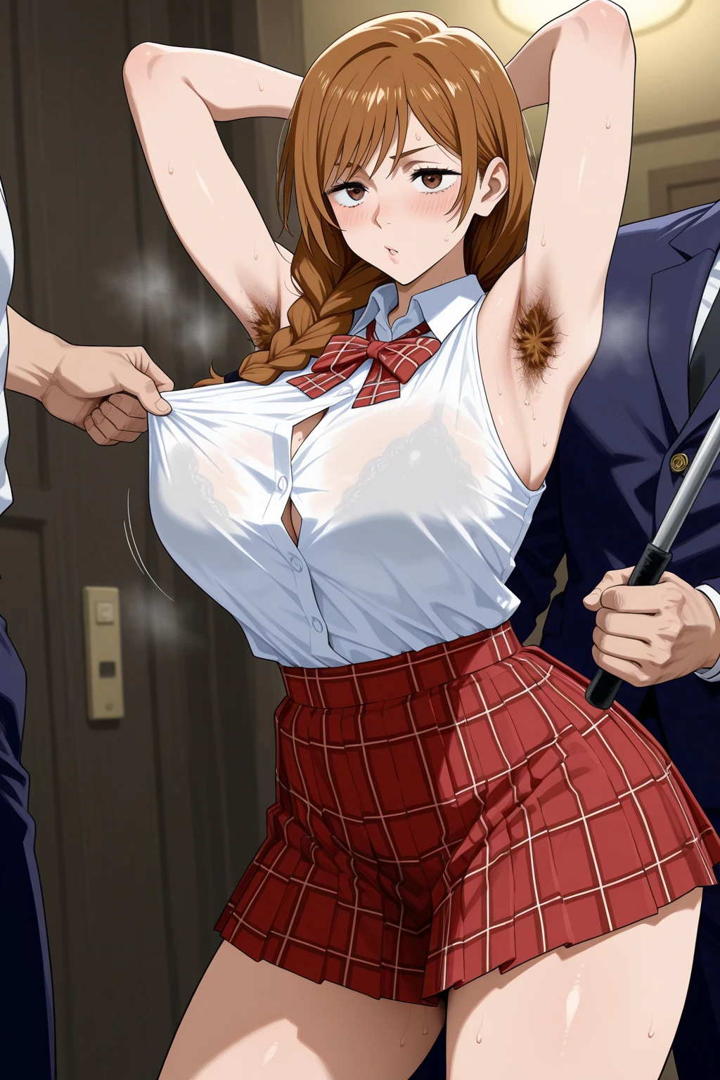 score_6_up, best quality, anime screencap, 1girl, ochako uraraka, brown eyes, brown hair, short hair, big breast, embarrassed_female, blushing_female, student, uniform, white shirts, skirt, red tie, looking at viewer, standing, from front, 1boy, faceless male, male face out of frame, size difference, grabbing breast from behind, arm over shoulder