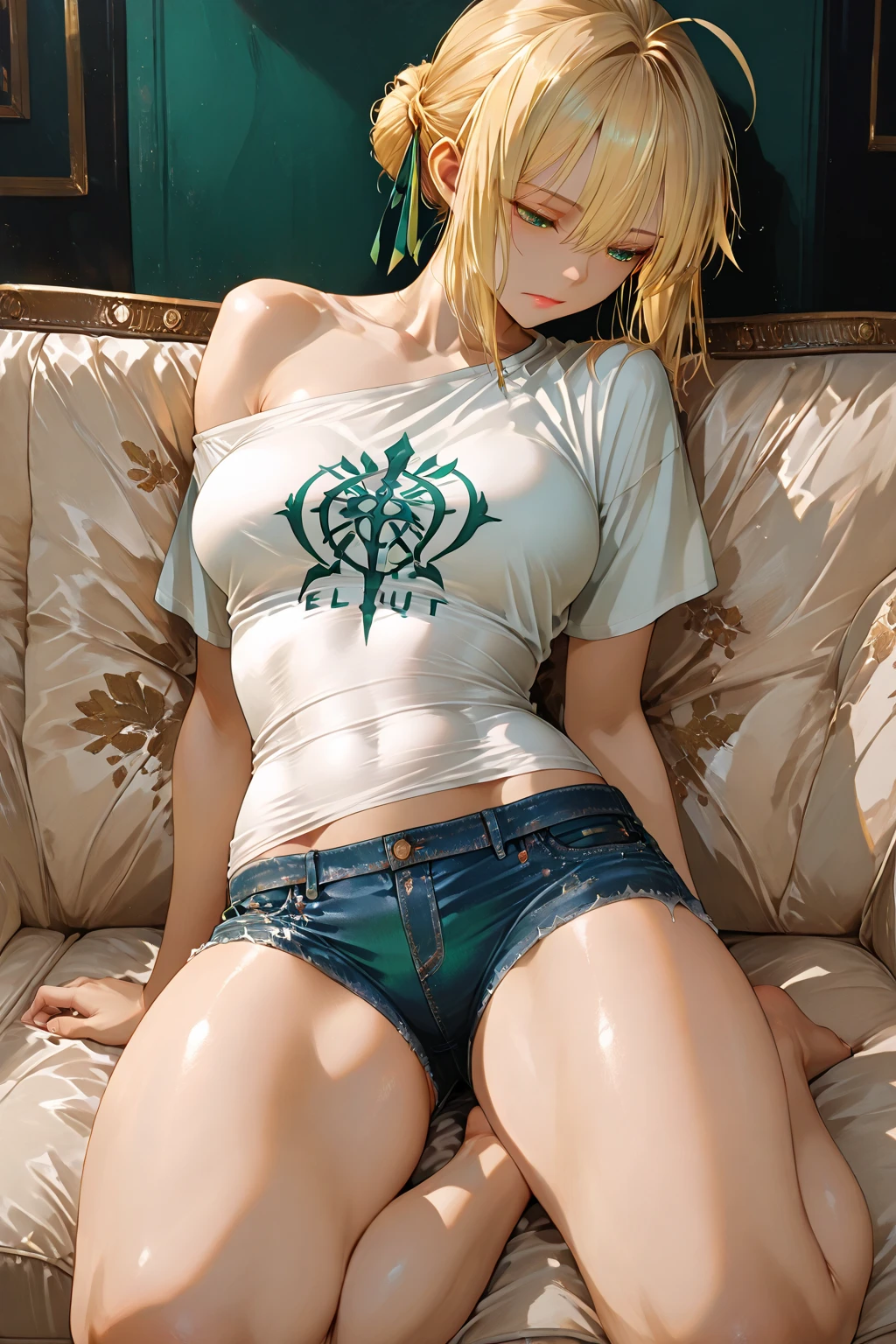 Highest quality, masterpiece, Ultra-high resolution, (Realistic:1.4), Beautiful woman, Open your mouth, Green V-neck T-shirt, Cleavage, Greenlee Jeans , Small breasts, Erect nipples, Curvy waist, Slim abs, Shiny skin, A captivating smile, bokeh, smile, Short jeans, ((bionde)),((One-length haircuts)), ((ponytail)), ((White lace panties)), ((Both arms behind the head)), (((Lift up your shirt, White lace bra, Beautiful breasts)))
