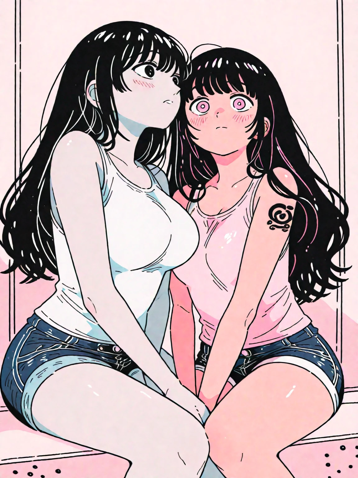 Areola、Nipples、pubic hair、hot pants、Cowboy Shot、(Highest quality, High resolution、Anime Color, Megami Magazine, Anime poster style, Anime key visual, sharp, 8k, Realistic), (Beautiful attention to detail, Beautifully detailed face), Madoka Ayukawa, One girl, blush, (Black Hair, Long Hair),(shirt lift), (Perfectly detailed anatomy) Beautiful detailed hair, Beautiful and exquisite body、 Glowing Skin), (Thick outline, Beautiful contours, Black outline), Simple Background
