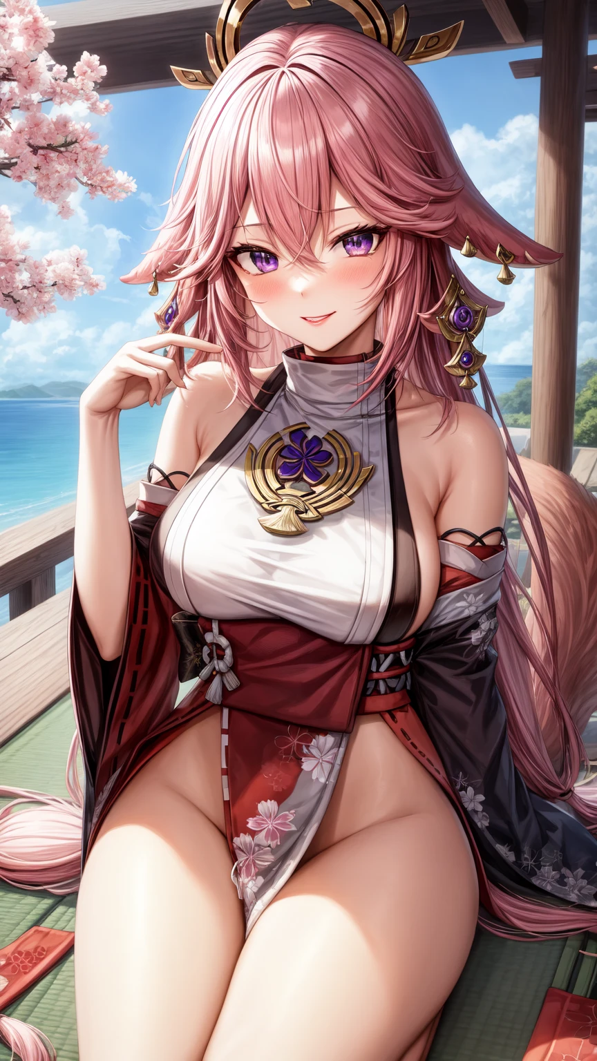 ((best quality)), ((highly detailed)), masterpiece, absurdres, detailed face, beautiful face, (detailed eyes, deep eyes), (1girl), (glasses), dynamic pose, cowboy shot, <lora:hairdetailer:.7>, kyuubi, <lora:9tail:.5>, 9tail fox, (multiple tails), fox tails, (MILF), large breasts, ((cleavage)), collarbone, (red lips), sly grin, fox ears, red eyes, <lora:slit-pupils:1>, snake eyes, (sakura pink) hair, smiling, <lora:kimonoClothes_v10:1>, long sleeves, furisode, obi, sash, (outside, in a wild west town, morning, sunrise), <lora:Mirai_Hikari_Style:1>