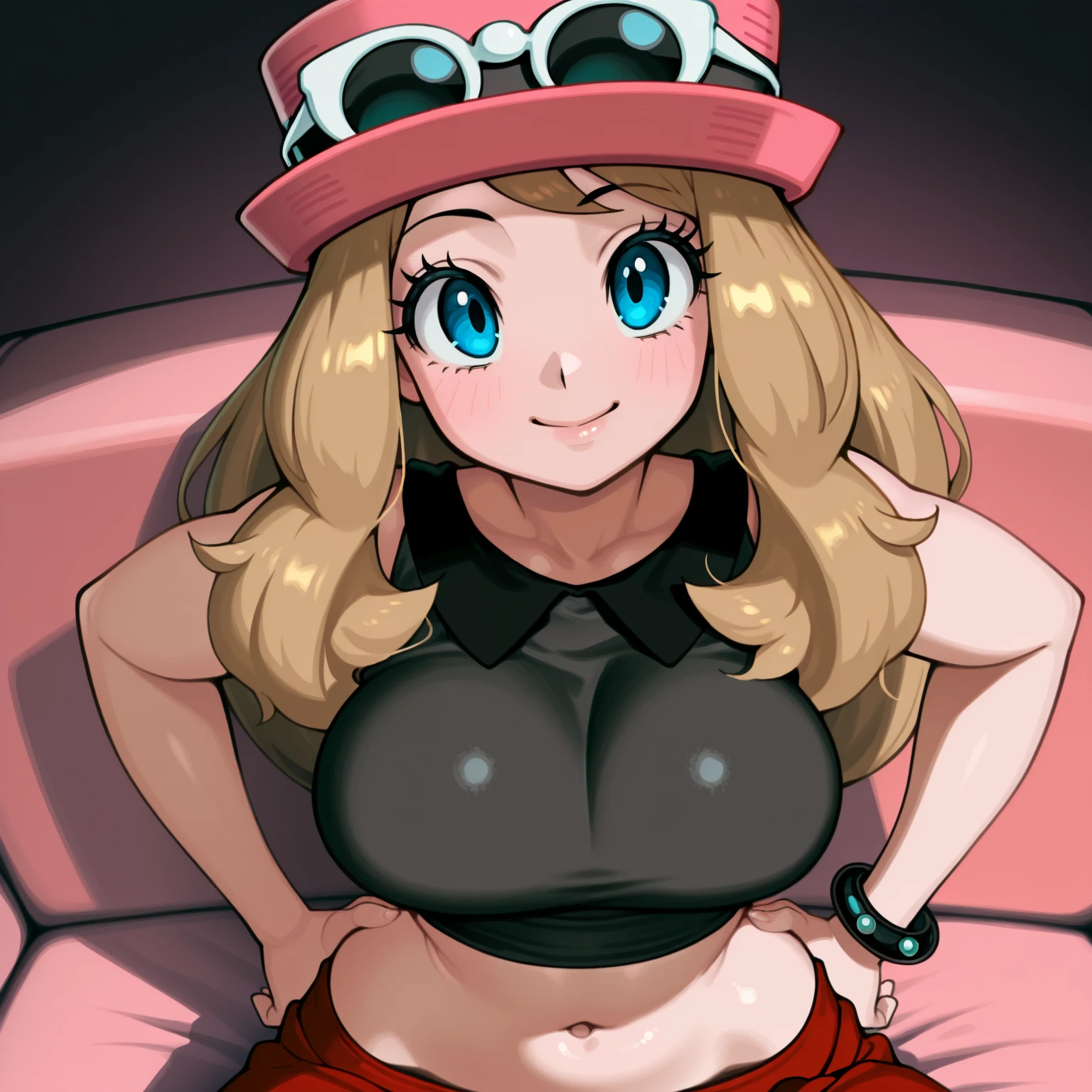 whole body, smile,smile,blush,Big Breasts ,Sexy pose, Pink hat,, Showing nipples,Show your vagina,Put sunglasses on your hat,