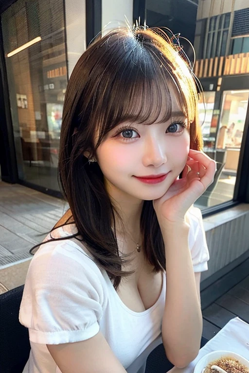 table top, highest quality, shape, Super detailed, finely, High resolution, 8k wallpaper, 完璧なダイナミックな構shape, beautiful and detailed eyes, winter dress,medium hair, small breasts, natural color lip,smile,big city、20 year old girl、midnight、beautiful and detailed face、perfect and beautiful face、slim face and style,spread your arms wide,Big eyes,Take a photo from below the knees at a face angle