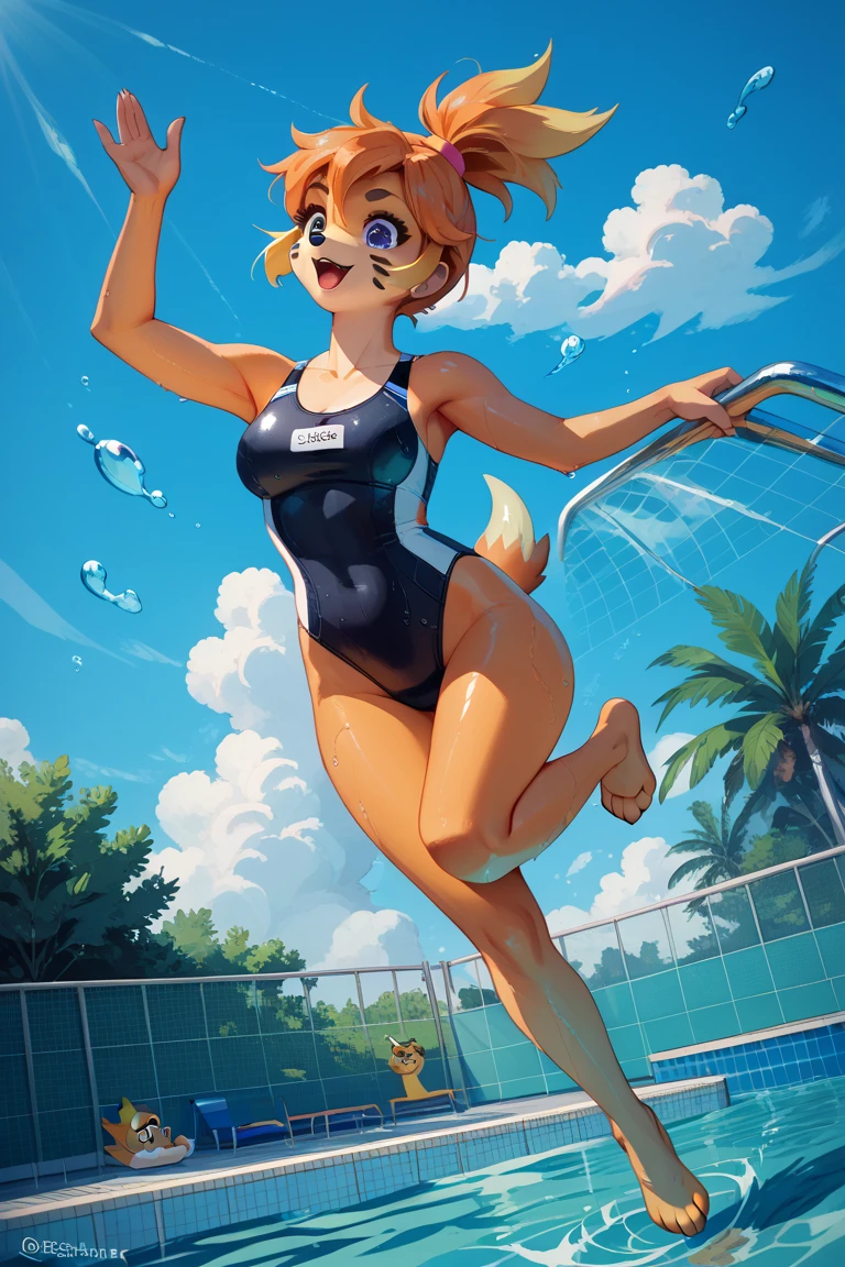 dynamic angle , focus face , hairy bunny Short stature girl , (realistic hairy bunny fur:1.2) , round Mumps face , (tilt face:1.2) , half-open eyes , Unsophisticated geek , round eyes , Swollen cheeks , shy , glossy lips , Underwater goggles , in the school , on the pool side , traditional school swim suit