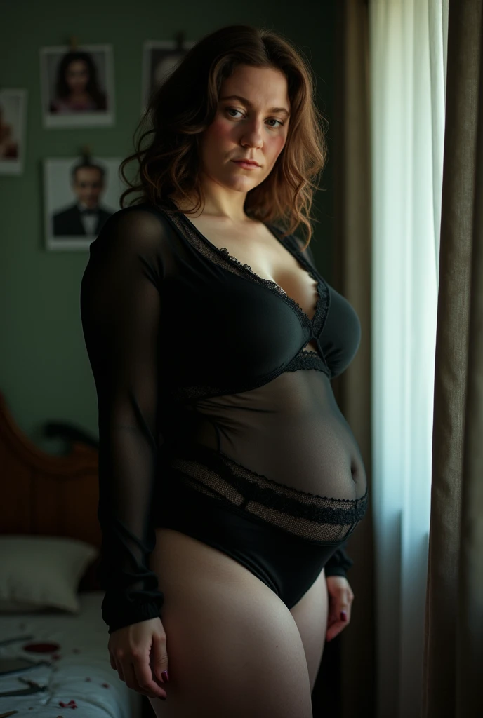 Mulher Gorda de cor branca totalmente nua seios fartos e realistas em pose sexy se insinuando deitada numa cama de motel