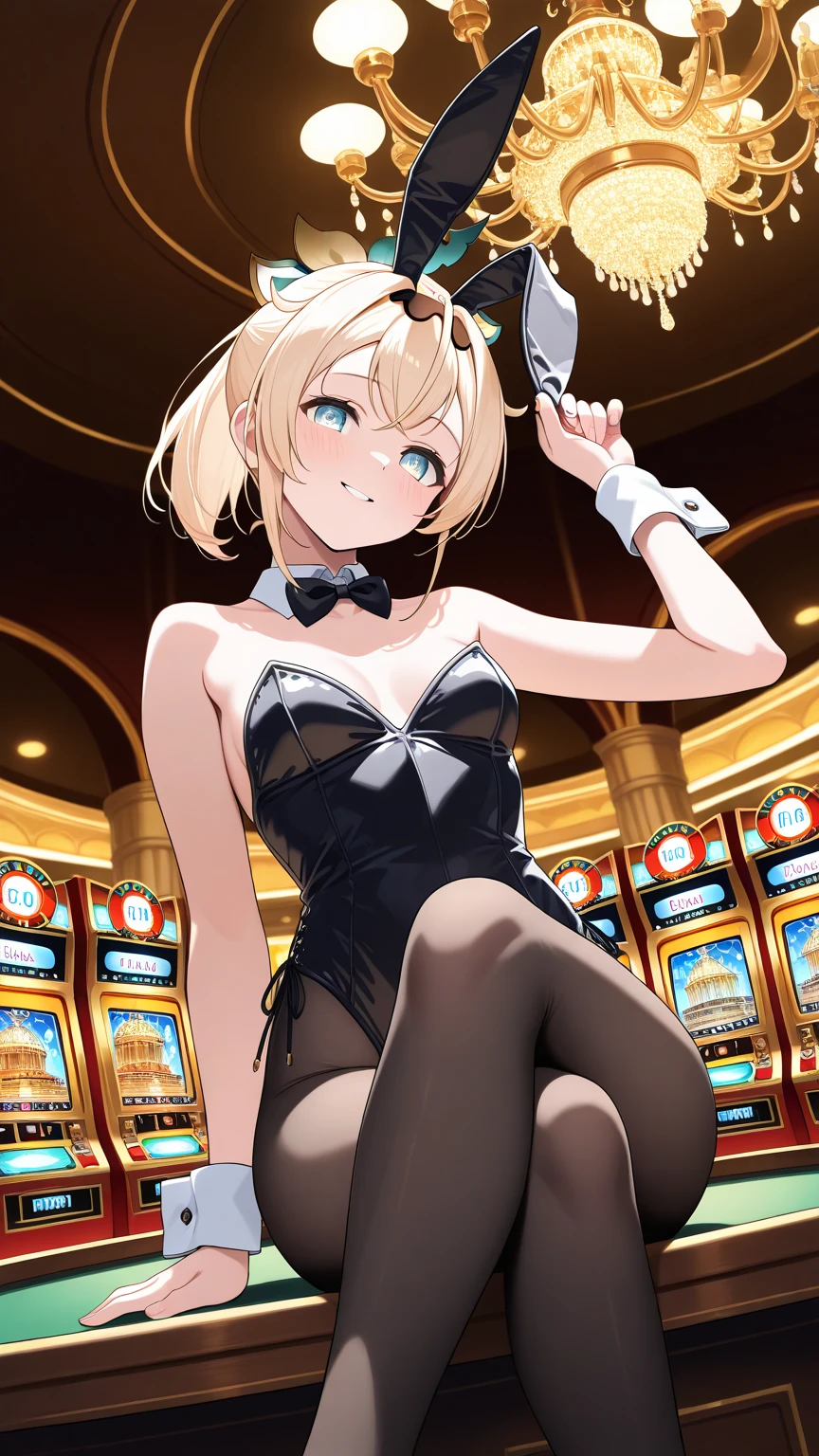 Win big at the casino、Laughing in high spirits、Bunny girl scattering stacks of bills{playboy bunny, fishnet tights, Blonde、Short hair、Blue Eyes、Glasses}、Banknotes are flying in the air