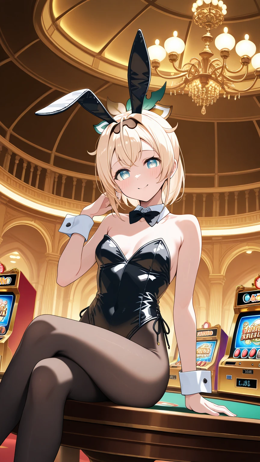 (masterpiece、Highest quality、Very detailed))、One girl、Blonde、twin drills hair、Emerald Eyes、evil smile、((Open Mouth))、Earrings、((Very large breasts))、((playboy bunny))、((Thick waist))、((black panty hose))、Cowboy Shot、casino、Slot Machines、Tips、Roulette Table