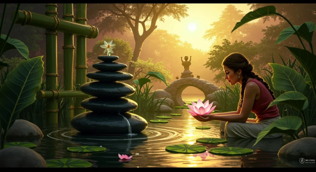 a person meditating in a peaceful garden, a serene environment, soft sunlight filtering through the trees, birds chirping in the background, colorful flowers blooming, a gentle breeze rustling the leaves, the sound of water trickling from a nearby fountain, the person's calm and relaxed expression, surrounded by a sense of tranquility and inner peace, mindfulness and self-care emphasized, a balance between mind and body, the person embracing the present moment, a feeling of contentment and fulfillment, vibrant colors to evoke positive emotions, a blend of realism and dream-like elements, capturing the essence of a healthy and fulfilling life. (best quality, highres), (serene, peaceful, tranquil) garden, (bright, vibrant) colors, (soft, gentle) sunlight, (harmonious, calming) atmosphere, (mindful, balanced, present) moment, (relaxed, calm) expression, (beneficial, soothing) meditation, (refreshing, rejuvenating) fountain, (flourishing, blooming) flowers, (rejuvenating, invigorating) breeze, (enchanting, melodious) birdsong.