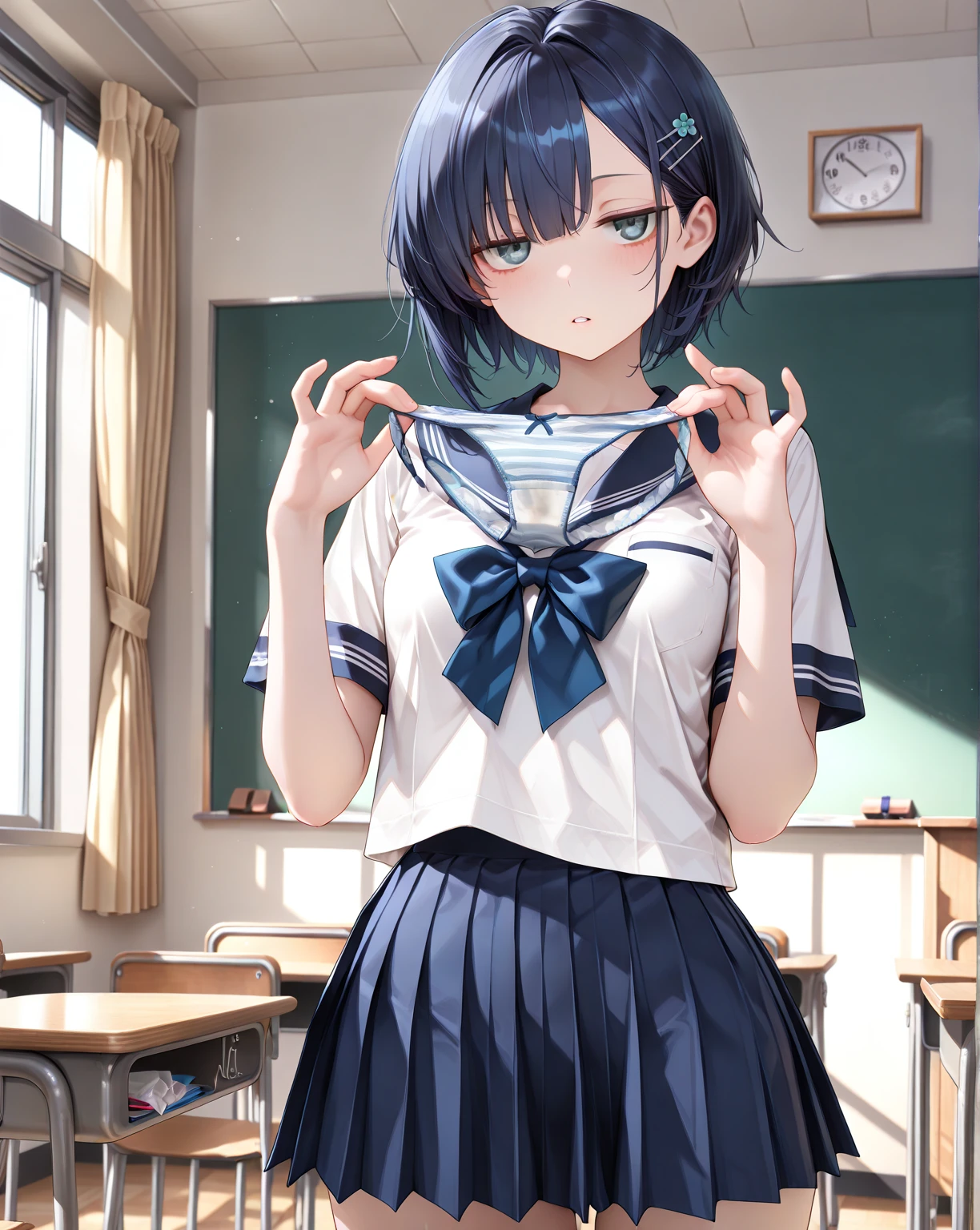 NSFW、(Short sleeve white sailor uniform:1.3)、(Dark blue micro mini skirt dark blue:1.2)、(White string panties:1.2)、Dark blue micro mini skirt dark blue、Mature Woman、Toned body、Big Breasts、(tall、daddy longlegs、175cm)、(quality))、((masterpiece))、(これはclassroomでセーラー服を着たセクシーな女子高生のクローズアップショットです:1.4)、(solo:1.4)、(One girl:1.4)、(Very short black hair:1.3)、(Light blue eyes:1.2)、(belly button:1.1)、(Navy collar、Yellow tie)、Dark blue micro mini skirt dark blue、Recommended results、Plump nipples、Stand up straight、Abdominal muscles、Huge bust、Angle to floor:1.2、Low camera angle、School、classroom