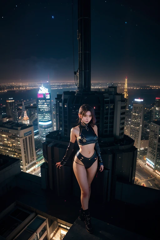 Raw photography, 4K, ​masterpiece, hight resolution, very intricate, Photorealsitic:1.4, Cinematic Lighting, at night, (1Girl, solo), solofocus, Wet, full body Esbian, large breasts cleavage:1.2, Slim waist, ​masterpiece:1.2, Hair disheveled, aerial view of cyberpunk city, Expressive Hues, Vibrant Palette, (matrix style micro sunglasses), ((aiming with a short:1.1 gun)).