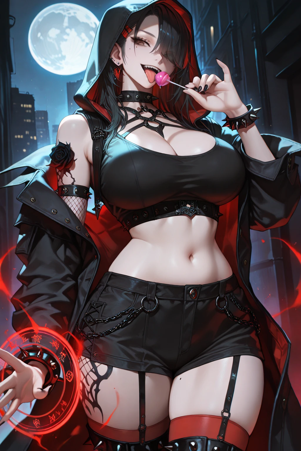 nikkecrow, bra, cleavage, off shoulder, jacket, open clothes, skirt, thighhighs, fishnets, choker, ear piercing, belt, hairband, tattoo, jewelry,(Tim Burton's Gothic Art Style), (Focus Light), Dim landscape, red light district, (Dim light), (night scene). slim, Sharp face, (Hentai Harness:1.2), (Black eyeliner, black eye wing, Black lips,) (detailed face and red eyes:1.4), earrings, lanyard, (Wet skin), (Oily skin), Deep cleavage, hyperdetailed lips, Ultra detailed eyes, Super detailed nose and ears, 鎖骨, Portrait, Photorealistic, Realistic details, A hyper-realistic, Wide open mouth, nightclub on the background, Red light,