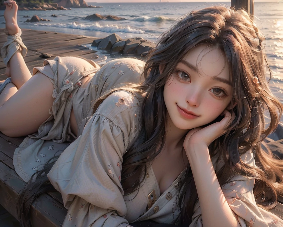 ((Girl lying on sandy beach))、(One Girl)、(absurderes、hight resolution、Ultra-detail)、Close-up of face、Face Enhancement、Face focus、diagonal、Depth of written boundary、One person's perspective、F/1.8、135mm、Canon、Full Body Shot、Wide-angle lens、(Golden White Long Hair Straight)、Shiny and beautiful hair、Beautiful Skin、Luscious Skin、Beautiful Eyes、With bangs、Off the shoulder、Eyes are highlighted、Unbroken hands、Rich lighting、Big voluptuous breasts、Pale pink lips、Soft lips、(Slightly open mouth)、High Definition CG8k Wallpapers、Featured Details、 Portrait、sight、(solo)、Half Shot、 Fine face、 A little smile、Dynamic Pose、 Gray Hair、 Silver Hair、 (blue sky、White clouds flowing),Date Scene、 ((Pink Bikini))、 (Sexy pose)、