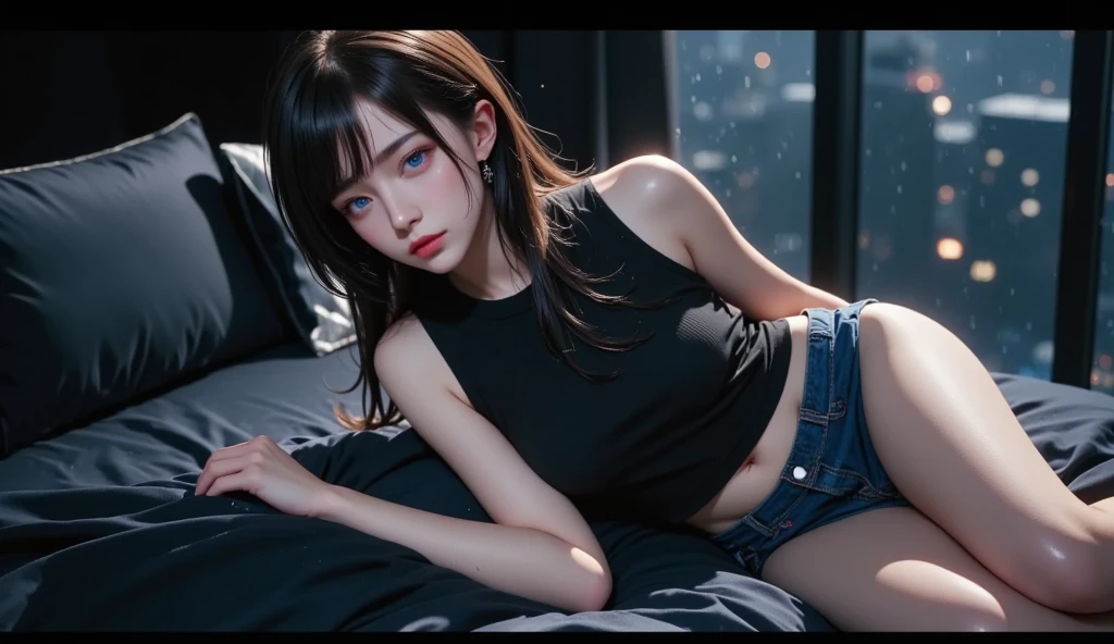 masterpiece, highest quality, Super detailed, Facing the camera, 複雑に詳細なSuper detailed, Realistic, Sharp features, Very detailed, Sharp focus, Perfect Face, Perfect symmetrical perfect eyes, Perfect Plump Lips, Flexible female form, Cinematic, Film Light, Super detailed, hyper Realistic, masterpiece, Atmospheric, High resolution, Vibrant, Dynamic Studio Lighting, ((Dark Background)), The expression when enduring pleasure, Straight bangs, blue eyes,Sexually aroused expression、Her black thong shorts are visible through the fabric、 (((Kneeling with your crotch open)))、(((Urinating)))