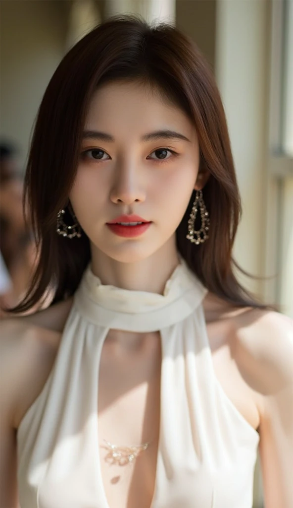 (8K, best quality, masterpiece, Very high:1.2) Photo of a beautiful Japanese girl, Beautiful and glamorous,There are also pictures of contemporary fashion., Looking at the audience, ((at the seaside)), (1 teenage girl),(Black skirt), (Short-sleeved white shirt, Slightly exposed breasts.), ((Black short pencil skirt)), Sugar Ribbon, ((Put your hands down.)),Blonde Hair, Medium Length Hair, High angle view of a beautiful woman, Realistic skin texture, look up, Round chin, Art Lens 85mm, 1. 2, Clear focus, High resolution 8K, Crazy details, complicated, elegant, Large Breasts, dynamic gesture, Large Breasts,